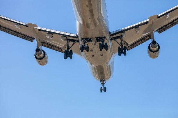 天空中的飞机。飞机着陆前的景象。图片下载