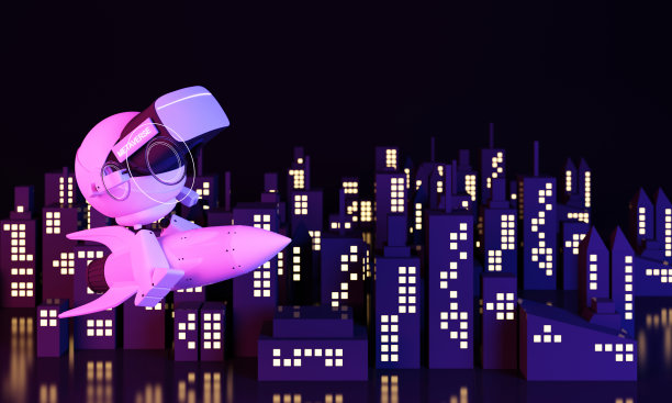 宇航员机器人乘坐火箭在虚拟世界环境高层建筑元宇宙技术未来的概念。VR虚拟现实数字现实网络仿真创新连接。逼真的3 d渲染图片下载