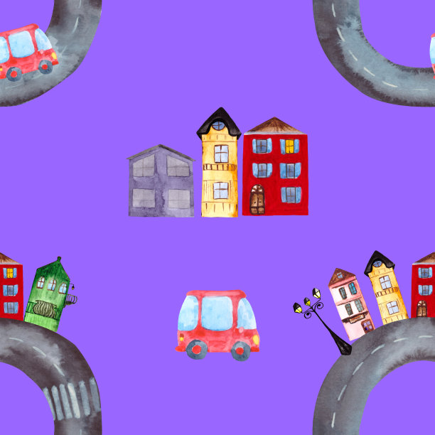 无缝模式，环形道路，房屋，汽车和路灯。水彩画，手绘儿童背景，纺织品，壁纸，包装和床上用品。图片下载