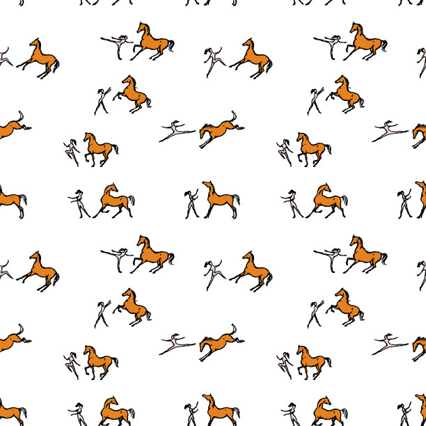 友好的自由马和女孩或女人。无缝模式。快乐马术跳，舞，跑，立马。图片下载