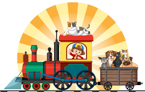 一个女孩和她的狗在玩具火车上图片下载