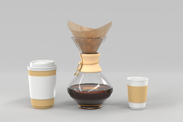 带纸过滤器的玻璃咖啡机和一次性咖啡杯。透明的玻璃瓶与酿造的浓缩咖啡和纸板包装外卖饮料孤立在灰色背景。逼真的3 d组图片下载