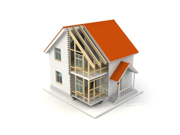 3d插图框架房屋建筑在白色背景起重机和履带。建筑的主题背景。图片下载