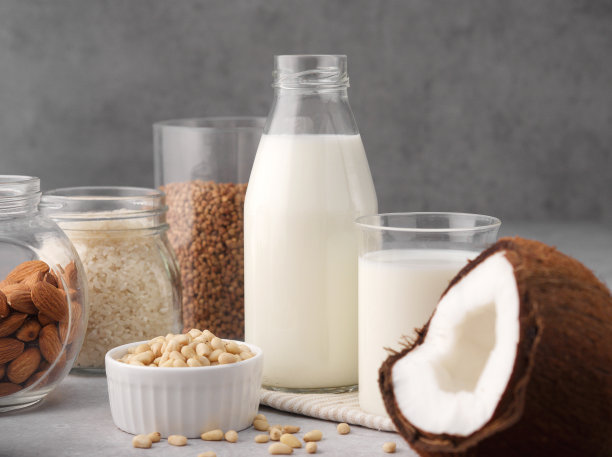 各种各样的有机素食非乳制品，从坚果，松子，燕麦，大米，荞麦，杏仁，椰子在灰色的背景玻璃。饮料、保健、饮食、营养理念。副本的空间。图片下载