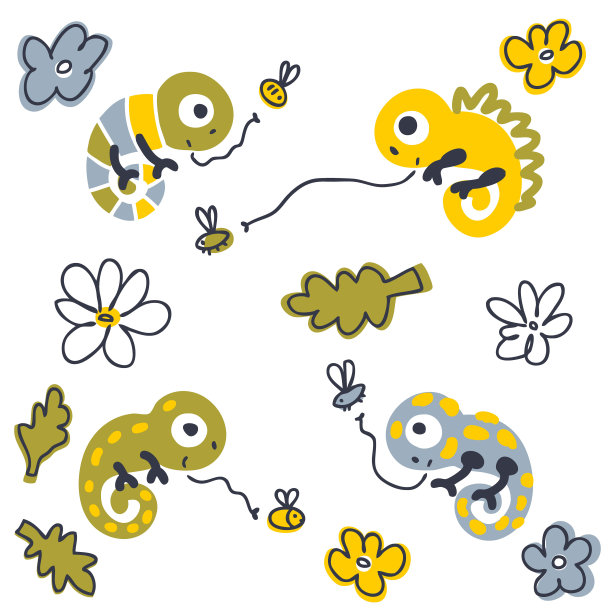 涂鸦变色龙抓苍蝇集。适合t恤，贴纸，纺织品和印刷品。用于装饰和设计的卡通风格矢量插图。图片下载