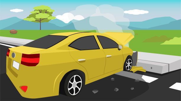 黄色轿车意外撞到人行道上。在柏油路的一边。图片下载