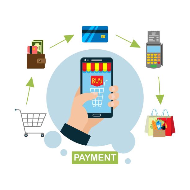 网上购物支付横幅矢量插图。用于购买、在线订购、电子商务的移动页面设计模板。购买东西的过程。钱包里有现金。图片下载