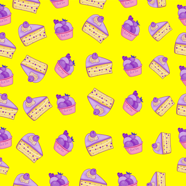 可爱的无缝图案在黄色的背景蛋糕和美味的冰淇淋。手工蛋糕和美味的冰淇淋。纹理剪贴簿，包装纸，邀请。矢量插图。图片下载