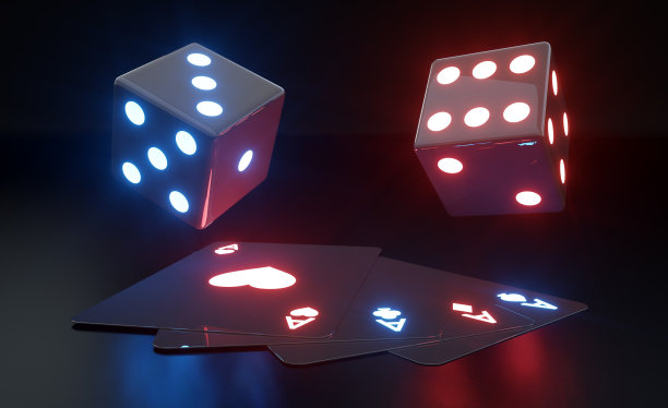 黑色纸牌和骰子与红色和蓝色霓虹灯- 3D插图图片下载