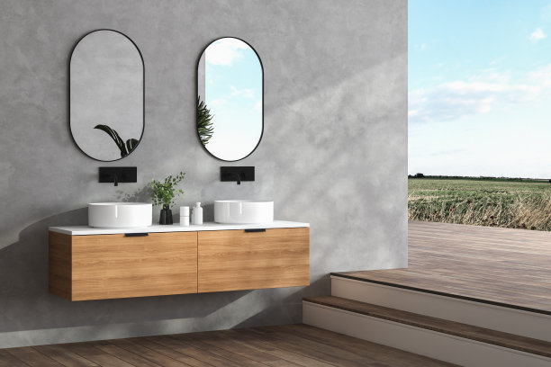 极简主义全景浴室的角落与混凝土墙图片下载