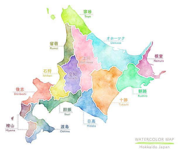 彩色水彩地图的北海道日本图片下载