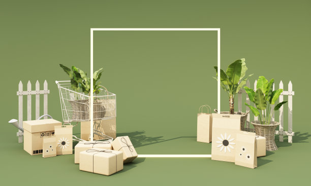 园艺工具和植物花盆隔离和购物车与信用卡与种子包，纸箱，购物袋。网上花园商店的绿色背景。逼真的3d渲染图片下载