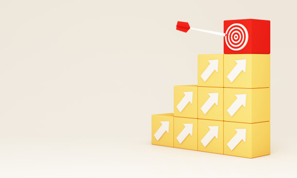 飞镖击中一个目标的中心在白色背景与复制空间。在最高的箱子上堆了许多箱子的尝试。最小的概念。三维渲染插图图片下载