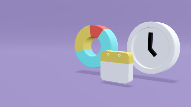 时间管理的3D渲染概念:一个时钟，一个饼图和一个日历在后台。3 d渲染。图片下载
