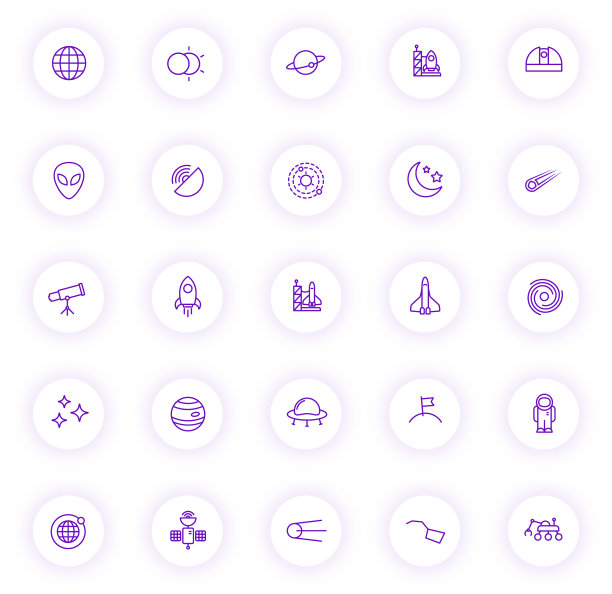 空间紫色颜色轮廓图标上的轻圆形按钮与紫色阴影。空间图标设置为网页，移动应用程序，UI设计和打印图片下载