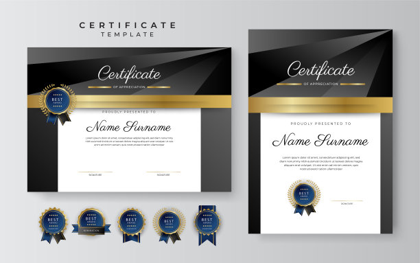 黑色和金色的成就证书边界模板与豪华徽章和现代线条图案。奖励，商业和教育需要图片下载