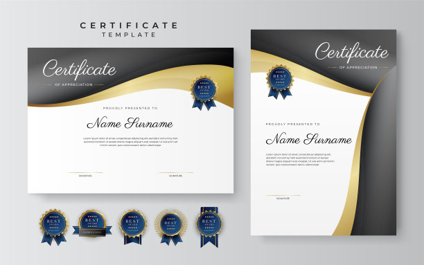 黑色和金色的成就证书边界模板与豪华徽章和现代线条图案。奖励，商业和教育需要图片下载