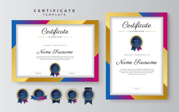 蓝色和粉紫色技术成就证书边框模板与豪华徽章和现代线条图案。奖励，商业和教育需要图片下载