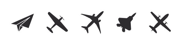 飞机图标设置。不同类型的飞机图标。飞机轮廓。航班运输符号。矢量图图片下载