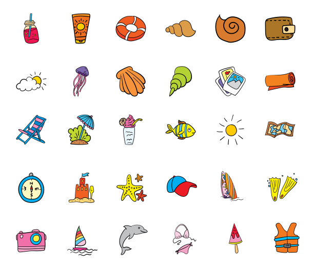 一套暑假海滩上的图标。旅行概念彩色图标孤立在白色背景。矢量EPS文件可以缩放任何大小。图片下载