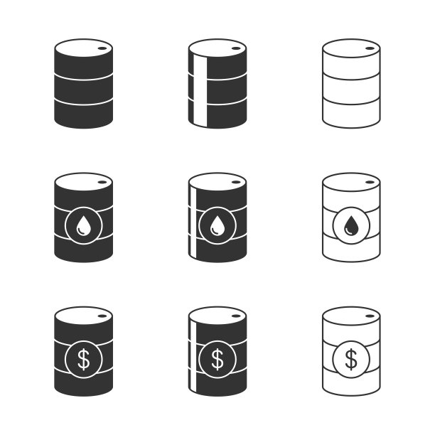 油桶图标集。桶与油标志，和美元符号。向量illustartion。图片下载
