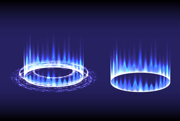 绕传送讲台。全息图和传送门显示舞台。科幻数字高科技在发光的HUD投影仪。魔法门在游戏幻想。产品站。蓝色火焰为煤气炉模板图片下载