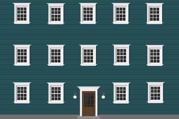 一座有白色窗户和白色门的蓝色木屋图片下载