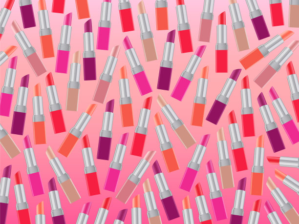 口红的背景。女性美容海报。彩色唇彩壁纸。用于网页设计或印刷产品的化妆品矢量插图。图片下载