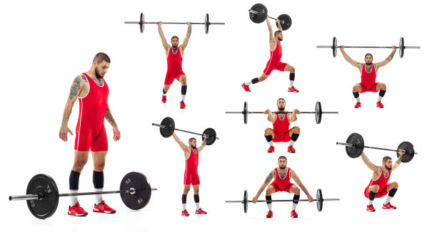 一组肖像的运动的人，举重训练，举起沉重的杠铃孤立在白色的工作室背景图片下载