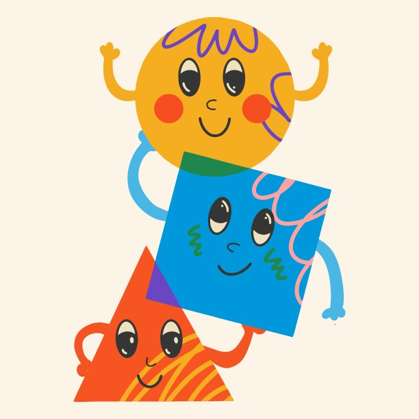 各种明亮的基本几何图形与脸的情绪。不同的形状。手绘时尚矢量插图的孩子。可爱有趣的人物。所有元素都是隔离的图片下载