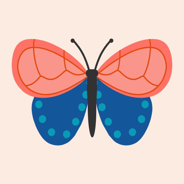 有粉色和蓝色翅膀的蝴蝶。矢量插图，平面设计，手绘卡通。图片下载
