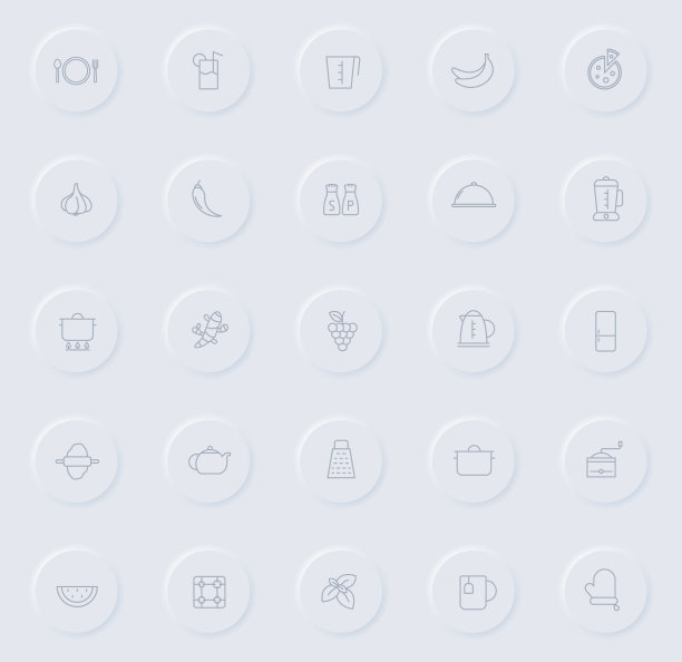 厨房线灰色图标圆形橡胶按钮。厨房图标设置网页，移动应用程序，UI设计和促销业务测谎图片下载