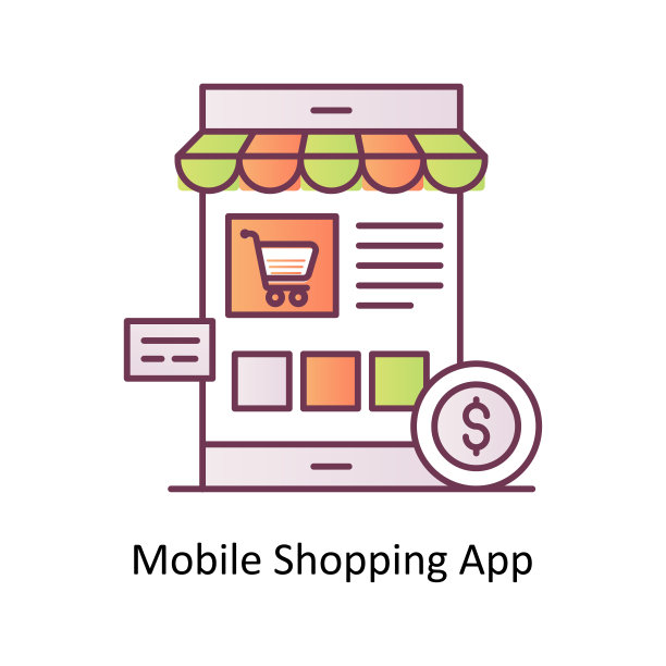 移动购物应用程序矢量轮廓图标设计插图。移动营销符号在白色背景EPS 10图片下载