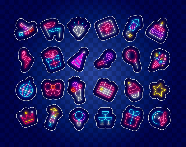 生日霓虹灯贴纸收藏。节日庆祝补丁包。社交媒体徽章设置。向量股票插图图片下载