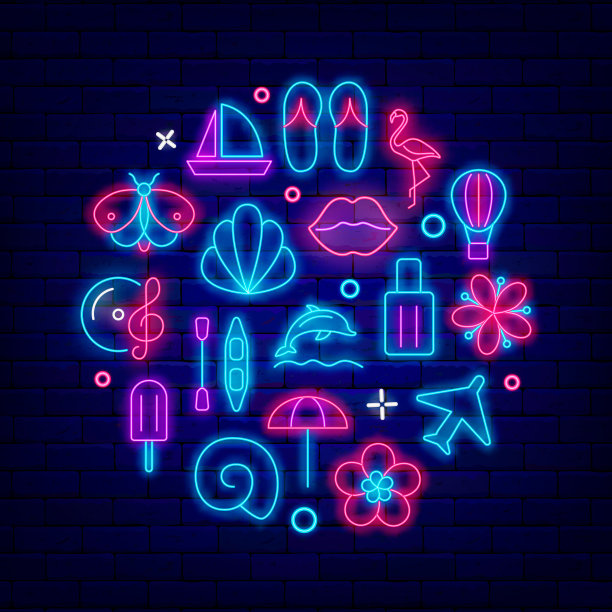 蓝色的夏季霓虹圆形招牌。带图标的圆形模板。季节派对和销售理念。向量股票插图图片下载