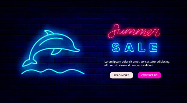 夏季销售霓虹着陆页面模板。海豚的迹象。季节折扣的概念。营销推广。矢量图图片下载