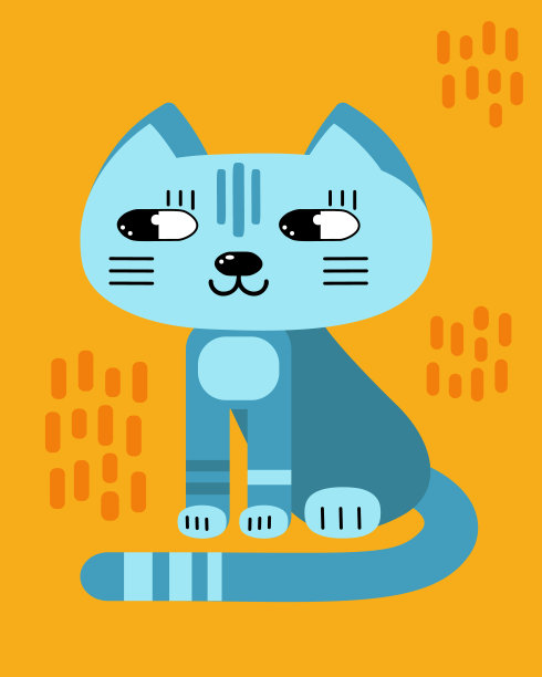 一个平面卡通风格的可爱的猫的矢量插图。可爱的程式化小猫，简化的形状，鲜艳的颜色。设计宠物店的标志，t恤，扇子，托儿所的海报。图片下载