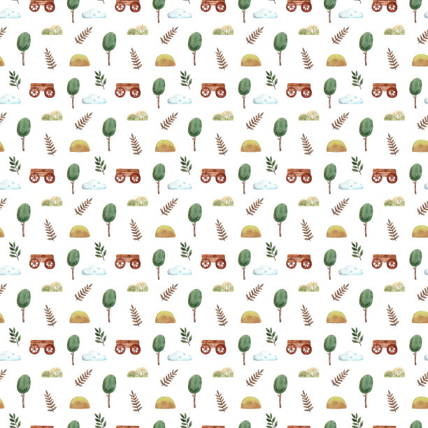 水彩手绘图案。儿童童话故事。木车和树木。在公园里散步。可爱的卡通风格纹理。无缝纹理的孩子。床单质地。小装饰。图片下载