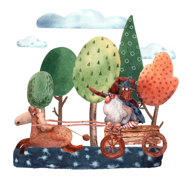 水彩向导卡。手绘童话插画。万圣节服装老头。马车和木车。可爱的卡通风格。森林的背景。幻想的性格。图片下载