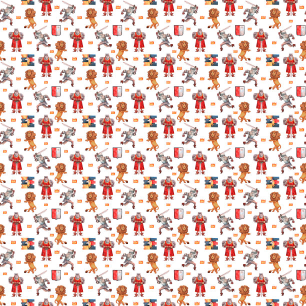 水彩骑士图案，手绘无缝纹理，包含骑士、狮子和皇室装饰元素图片下载