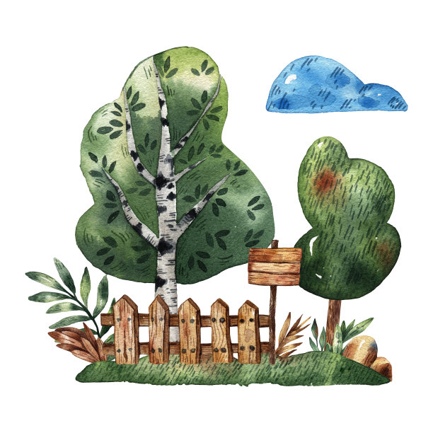 森林水彩插图。彩色的树。可爱的桦树和橡树。童话般的夏日森林。木制栅栏和横幅。手绘卡通风格。邀请卡。木材收集。景观的名片。图片下载