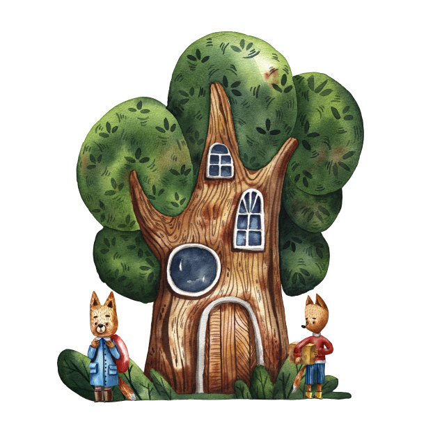 水彩童话屋。大的树屋。幻想森林狐狸小屋。可爱的窗户和门。有趣的房地产设计。童话树的家。可爱的狐狸字符。大童话橡树。图片下载
