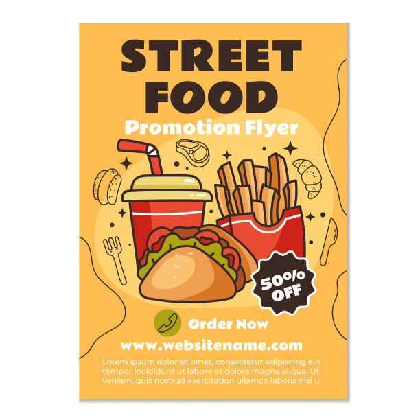 快餐街头食品宣传单海报模板概念。矢量平面卡通设计元素插图图片下载