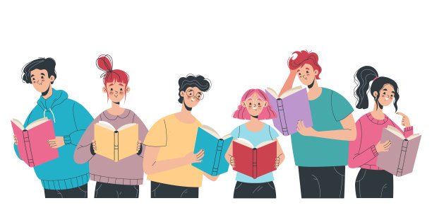 人，学生，朋友，字符，阅读，书的概念。矢量平面卡通设计元素插图图片下载