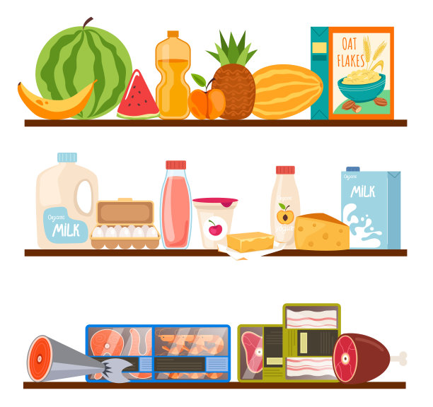 食品储存货架隔离集收藏。矢量平面卡通设计元素插图图片下载