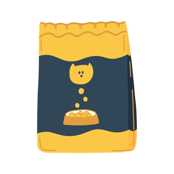 猫干食品包装在卡通平面风格。宠物护理。在白色背景上隔离的动物饲料矢量图图片下载