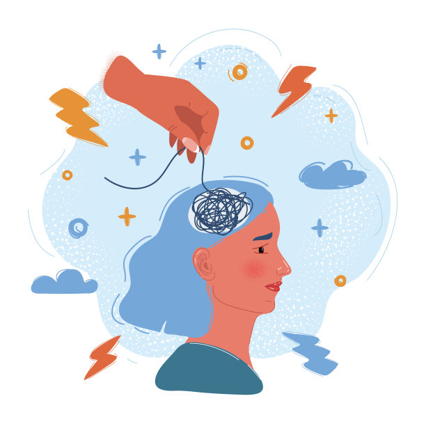 矢量插图的一个女人与纠结的线和有人试图解开它。图片下载