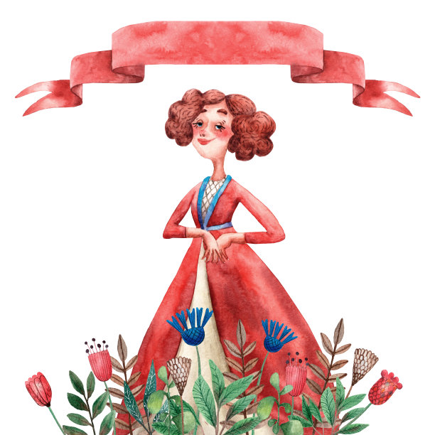 可爱的公主水彩插图。古老童话中的中世纪人物。手绘的风格。卡通年轻的女王。绿色的裙子。花卉装饰。红头发的女孩。沉思的脸。可爱的邀请卡。图片下载