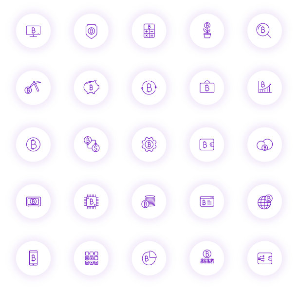 比特币紫色轮廓图标上的光圆形按钮紫色阴影。比特币图标设置为web，移动应用程序，UI设计和打印图片下载