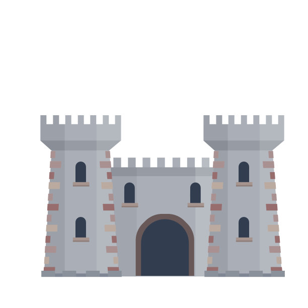 中世纪欧洲石砌城堡。骑士要塞。安全观、防护观、防御观。卡通平面插图。有墙、有门、有塔的军事建筑。图片下载
